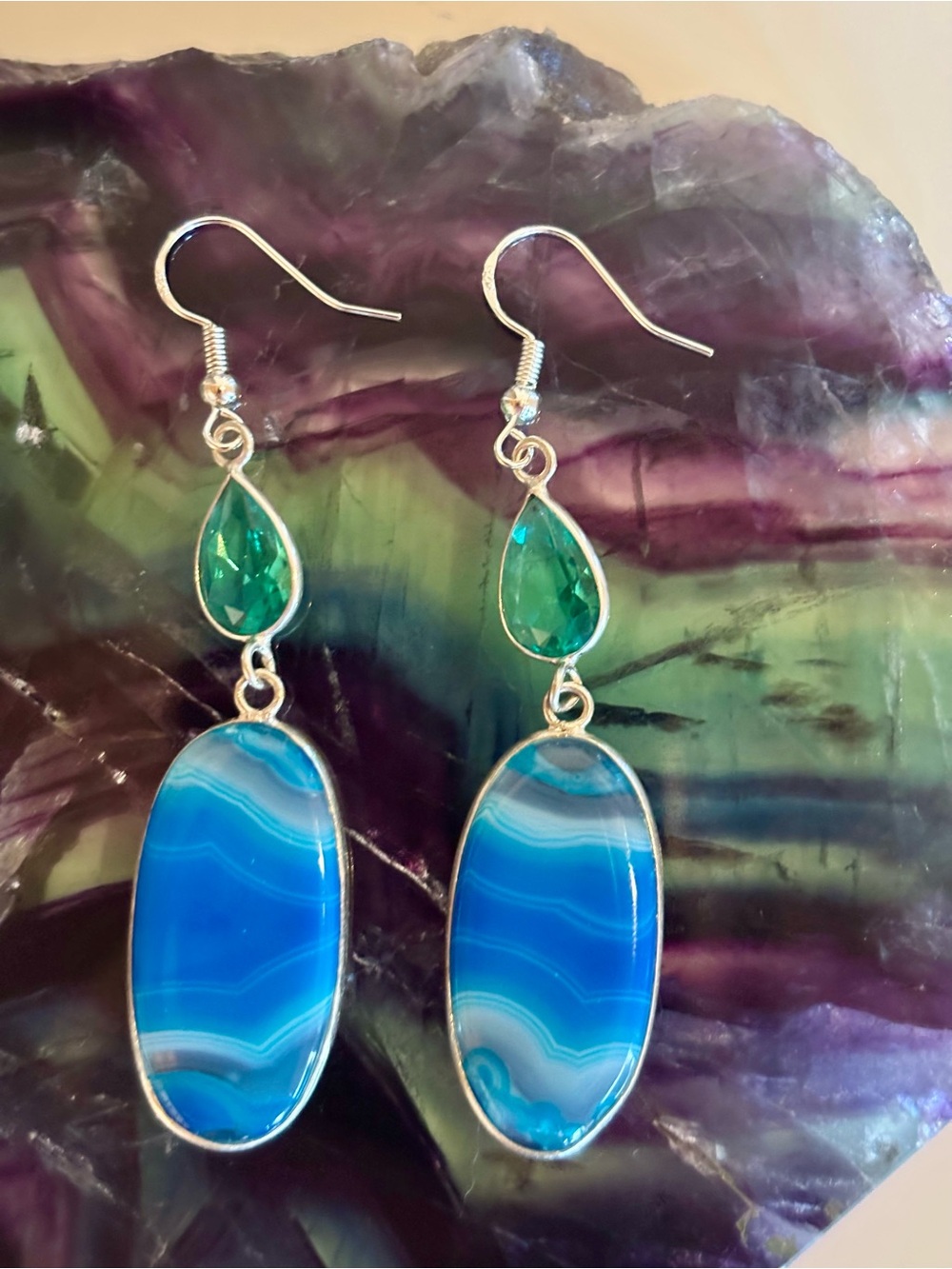 New 925 Sterling Silver Blue Lace Agate & Blue Crystal Dangle Earrings
